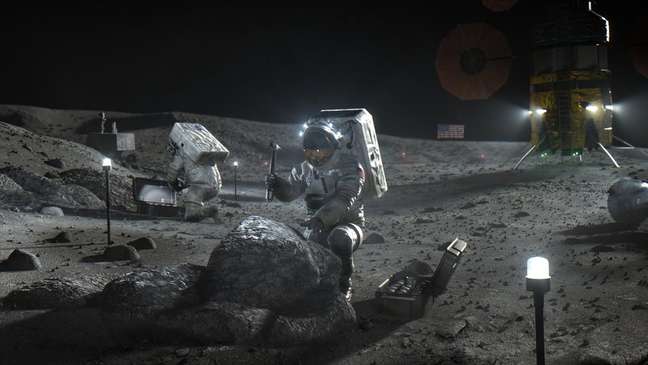 A Nasa quer mandar astronautas, como os retratados nessa ilustração, de volta para a lua — e talvez até construir uma base
