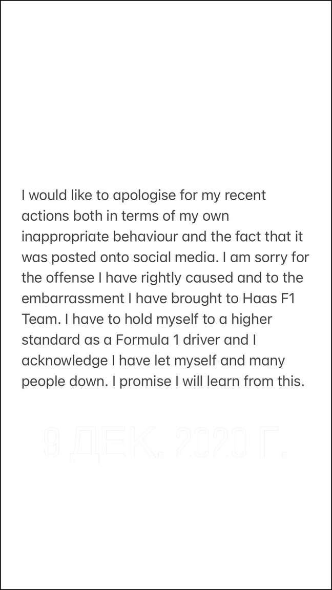 Pedido de desculpas de Mazepin no Instagram: raciocínio tortuoso pelo qual o russo encontra lógica em se desculpar por ser piloto de Fórmula 1, não porque este é um comportamento condenável para qualquer ser humano.