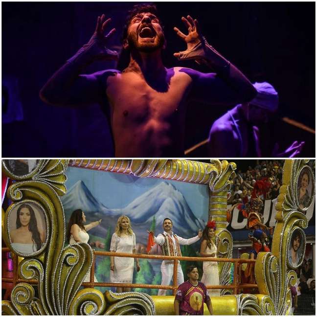 O artista em cena de um espetáculo teatral e em carro alegórico no desfile da escola de samba paulistana Rosas de Ouro em homenagem aos armênios e seus descendentes no Brasil
