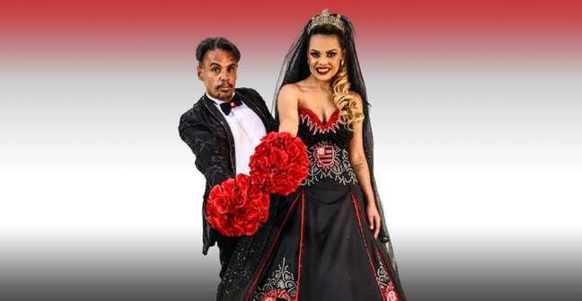 As cores do Flamengo bicampeão do Campeonato Brasileiro se destacam em vestido de noiva temático