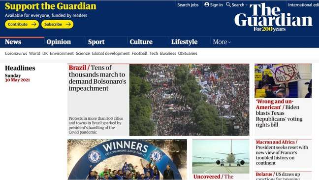 O jornal britânico The Guardian destacou a manifestação como notícia principal do seu site