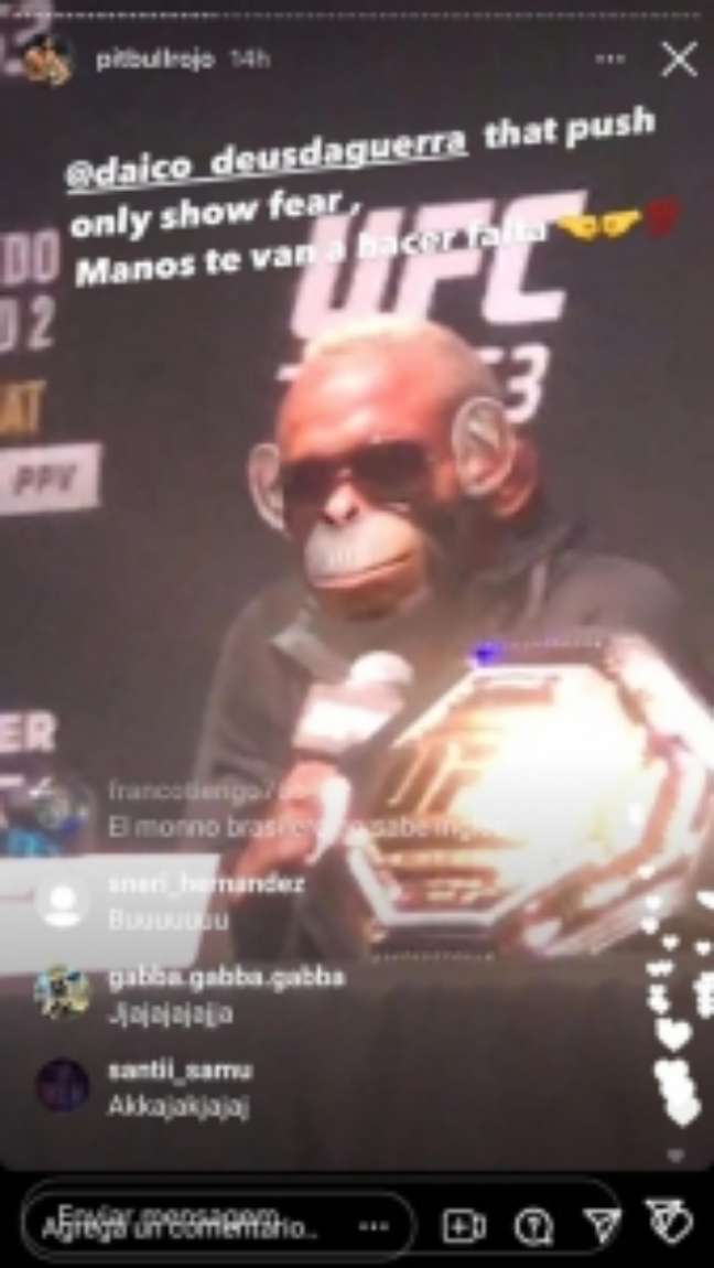 Live de Marcelo Rojo onde o treinador colocou um filtro de macaco em Deiveson Figueiredo (Reprodução / Instagram)