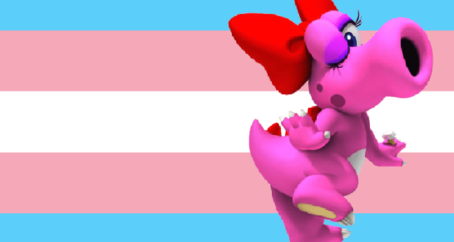 Birdo e ao fundo a bandeira da representatividade trans.