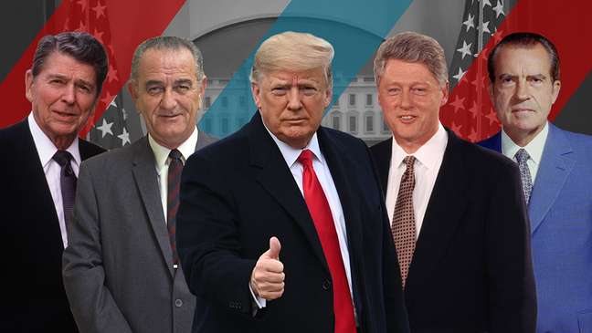 Os ex-presidentes Ronald Reagan, Lyndon B. Johnson, Donald Trump, Bill Clinton e Richard Nixon