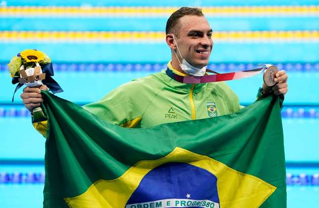 Fernando Scheffer mostra medalha de bronze conquistada nos 200 metros nado livre na Olimpíada de Tóquio 2020
27/07/2021 
Rob Schumacher-USA TODAY Sports