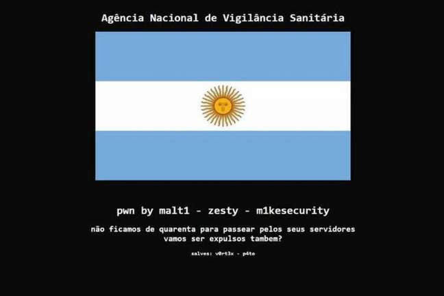 Site da Anvisa foi hackeado e teve página substituída por bandeira da Argentina (Reprodução)