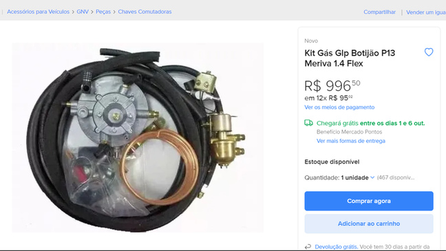 Kit para conversão clandestina de automóvel para GLP à venda no Mercado Livre