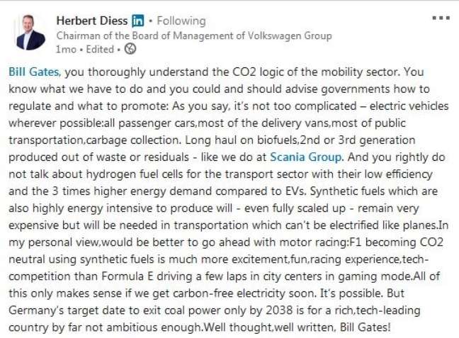Herbert Diess, Vorstandsvorsitzender von Volkswagen, fordert den Einsatz synthetischer Kraftstoffe in Wettbewerben