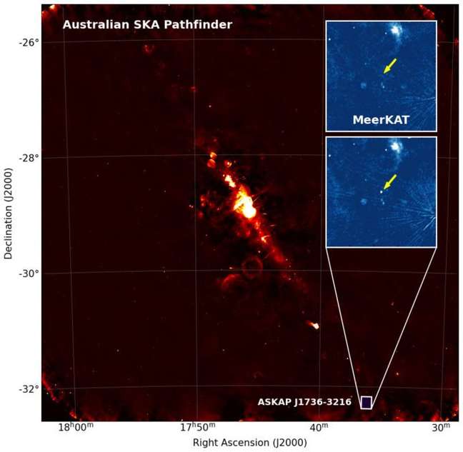 Imagem do centro da galáxia fornecida pelo ASKAP; no detalhe, dados do MeerKAT mostram o sinal aparecendo e sumindo 