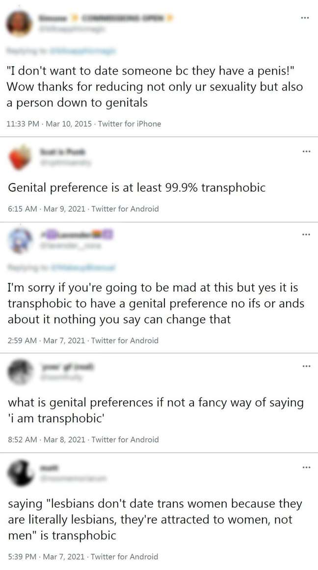 Mensagens no Twitter argumentam que preferências genitais são transfóbicas