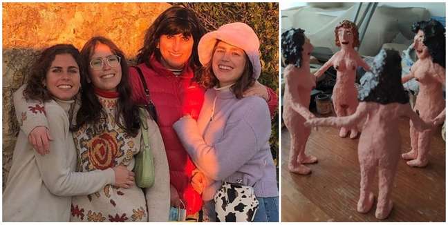 Maria Vaz com as filhas e a escultura na qual a artista se retratou com as 3 garotas Maria Vaz com as filhas e a escultura na qual a artista se retratou com as 3 garotas