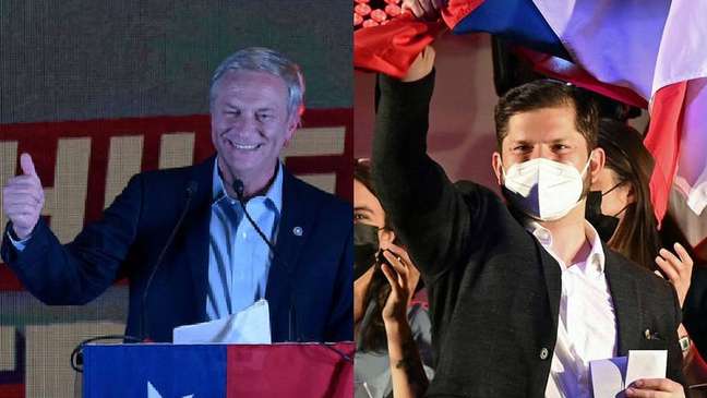 José Antonio Kast, candidato da extrema direita, e Gabriel Boric, da esquerda, foram os candidatos mais votados neste domingo e vão disputar segundo turno no dia 19 de dezembro