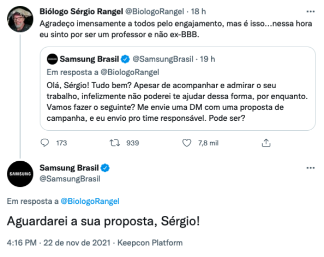Interação entre o biólogo Sérgio Rangel e a Samsung Brasil 