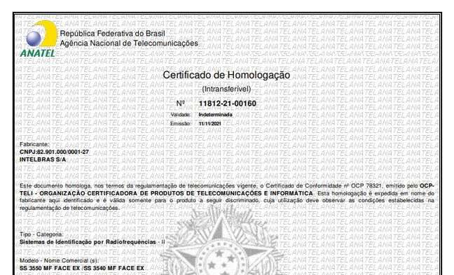 Certificado de homologação dos porteiros eletrônicos com reconhecimento facial da Intelbras 