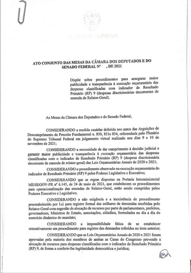 Ato conjunto das mesas da Câmara dos Deputados e do Senado Federal sobre orçamento secreto Ato conjunto das mesas da Câmara dos Deputados e do Senado Federal sobre orçamento secreto