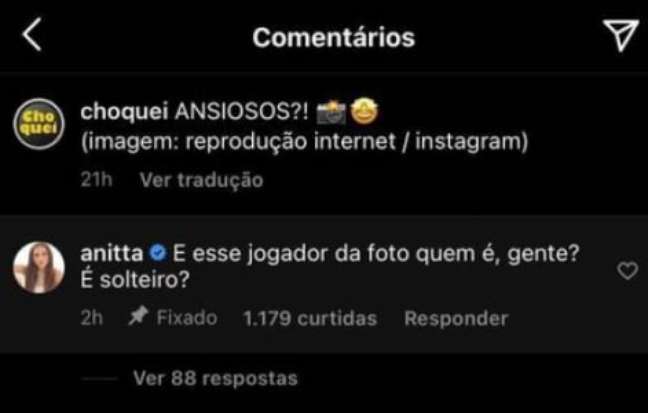 Comentário de Anitta questionando sobre Arrascaeta na publicação (Reprodução / Instagram)