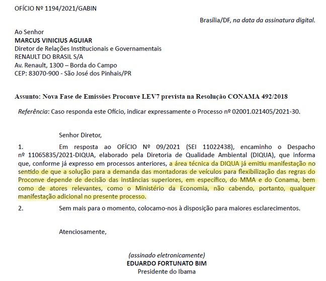 Em ofício, o presidente do Ibama, Eduardo Bim, diz que a decisão sobre o adiamento não depende do órgão e sim dos ministérios da Economia, Meio Ambiente e Conama (destaques na imagem feitos pela reportagem) Em ofício, o presidente do Ibama, Eduardo Bim, diz que a decisão sobre o adiamento não depende do órgão e sim dos ministérios da Economia, Meio Ambiente e Conama (destaques na imagem feitos pela reportagem)