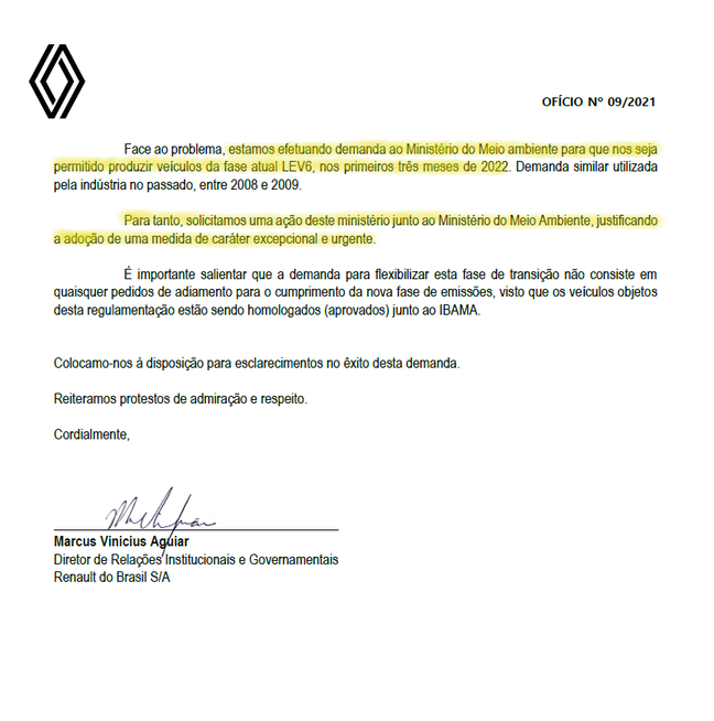 Renault mandou ofício ao Ministério da Economia pedindo que a pasta intercedesse junto ao Ministério do Meio Ambiente para continuar a fabricar veículos mais poluentes nos primeiros três meses de 2022 (grifos foram feitos pela reportagem) Renault mandou ofício ao Ministério da Economia pedindo que a pasta intercedesse junto ao Ministério do Meio Ambiente para continuar a fabricar veículos mais poluentes nos primeiros três meses de 2022 (grifos foram feitos pela reportagem)