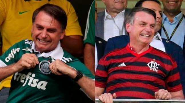 Bolsonaro com as camisas de Palmeiras e Flamengo (Foto: Montagem LANCE!)