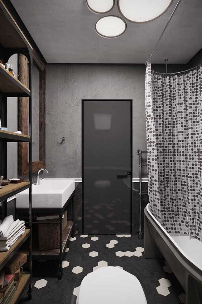 2. Decoração de banheiro estilo industrial com piso hexagonal – Foto: Behance