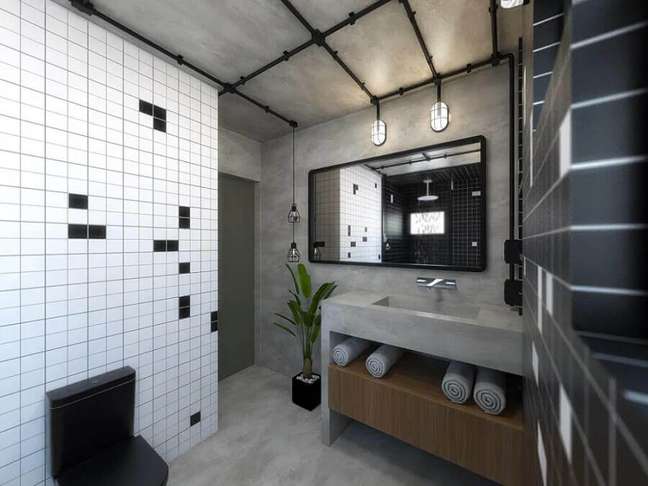 12. Azulejo quadriculado para decoração de banheiro industrial com bancada de cimento queimado – Foto: Homify