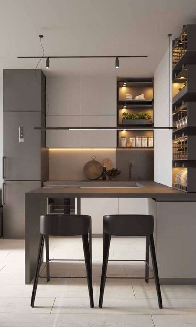 53. Decoração em tons de cinza com banco para cozinha americana moderna – Foto: Futurist Architecture