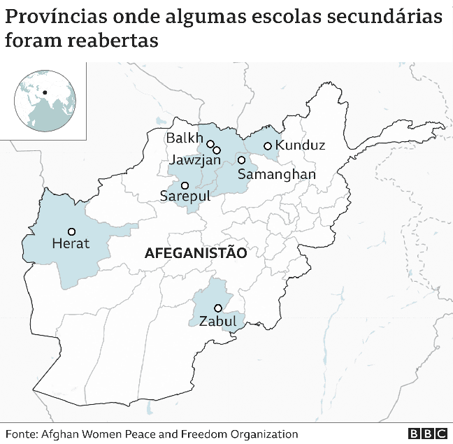 Mapa do Afeganistão mostra províncias onde algumas escolas secundárias foram reabertas