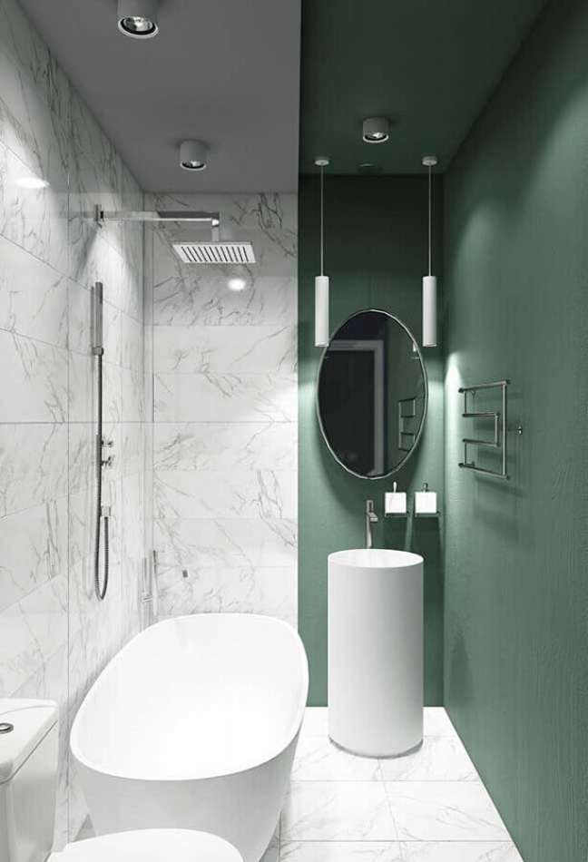 45. Decoração moderna para banheiro verde e branco pequeno – Foto: 33Decor