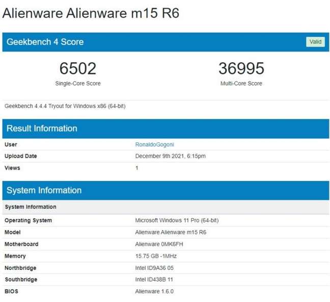 Pontuação do Alienware m15 R6 no Geekbench 4.4.4 
