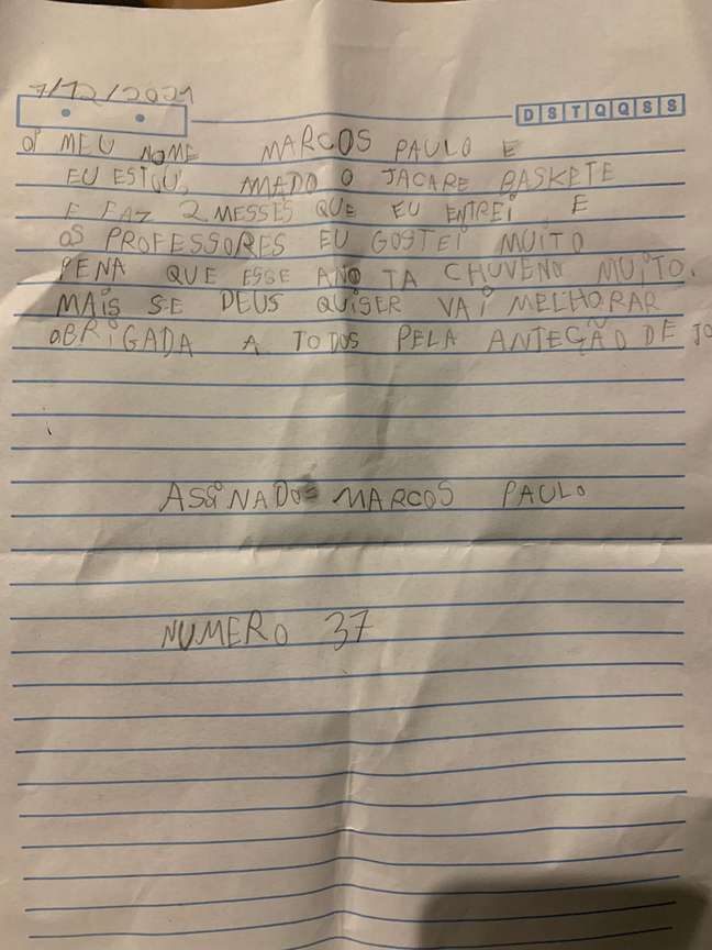 Carta do menino Marcos Paulo, 6 anos, número 37 no jogo, para o Papai Noel do Basquete