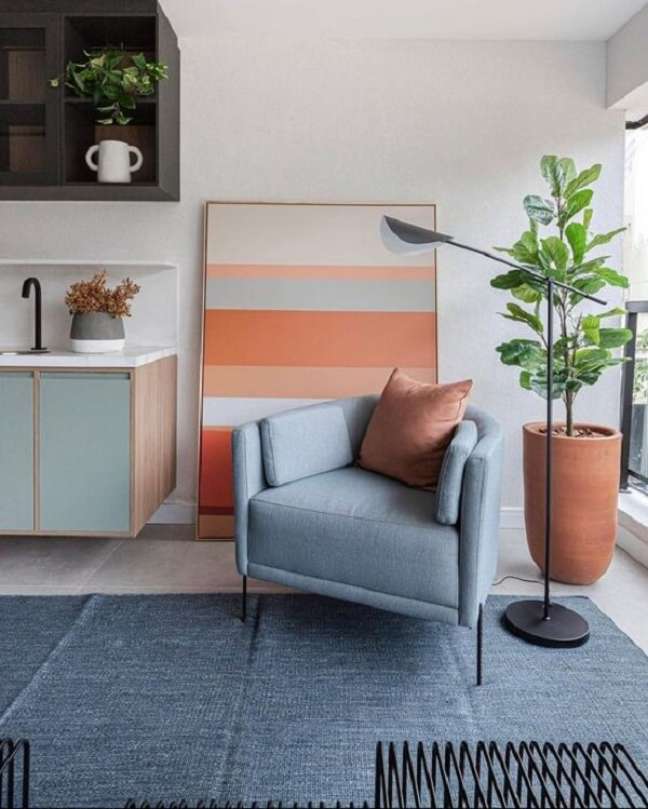 35. Sala de estar com tapete cinza azulado e detalhes em laranja -Foto duda Senna Arquitetura