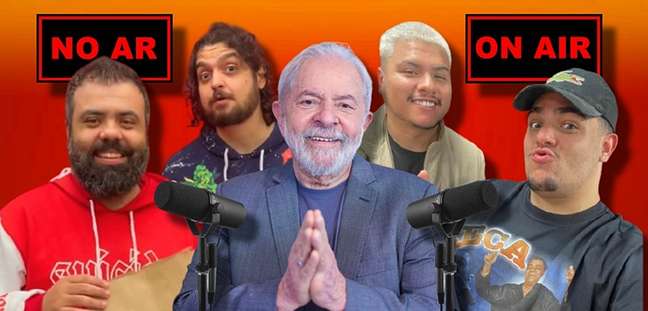 Lula entre os apresentadores Igor, Monark, Mítico e Igão
