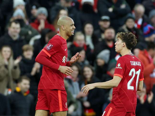 Fabinho fez dois gols na vitória do Liverpool neste domingo pela Copa da Inglaterra Phil Noble Reuters