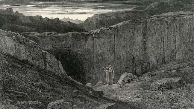 Detalhe de "A Porta do Inferno" de Gustave Doré, da série de artes produzidas para a edição ilustrada de A Divina Comédia, de Dante Alighieri 