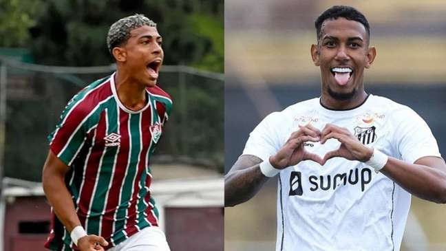 John Kennedy e Rwan são os artilheiros de Fluminense e Santos, com três gols cada (Montagem Lance!
Fotos: Mailson Santana / Fluminense; Pedro Ernesto Guerra Azevedo/Santos FC)