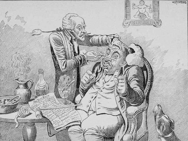 Antivaxxers tentaram combater vacinação com desenhos como este, em que o médico usa uma lanceta para fazer vários cortes no rosto do paciente antes da vacinação