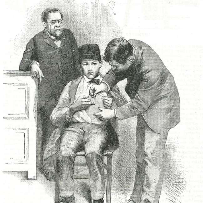 Louis Pasteur observa seu assistente injetando a vacina contra a raiva. Ilustração da Scientific American, 19 de dezembro de 1885