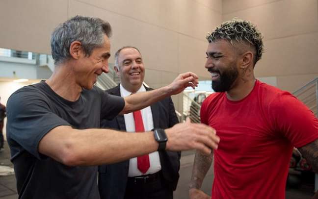 Braz e Gabigol junto a Paulo Sousa, novo técnico do Flamengo (Foto: Alexandre Vidal / Flamengo)