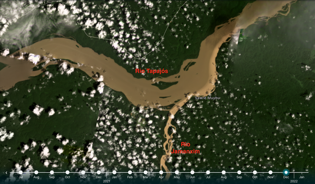 Imagem de satélite mostra águas turvas causadas pelo garimpo no rio Jamanxim desaguando no Tapajós em dezembro de 2021.