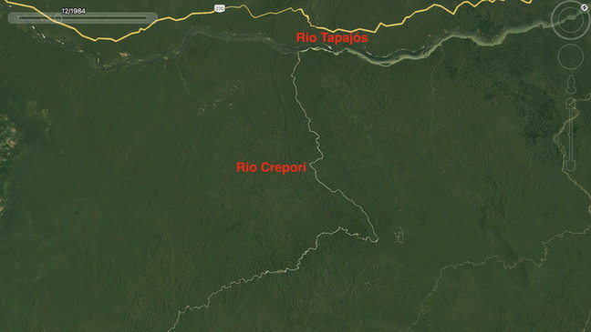 Imagem de satélite mostra encontro entre os rios Tapajós e Crepori em 1984, quando ainda não havia garimpo em grande escala na região...
