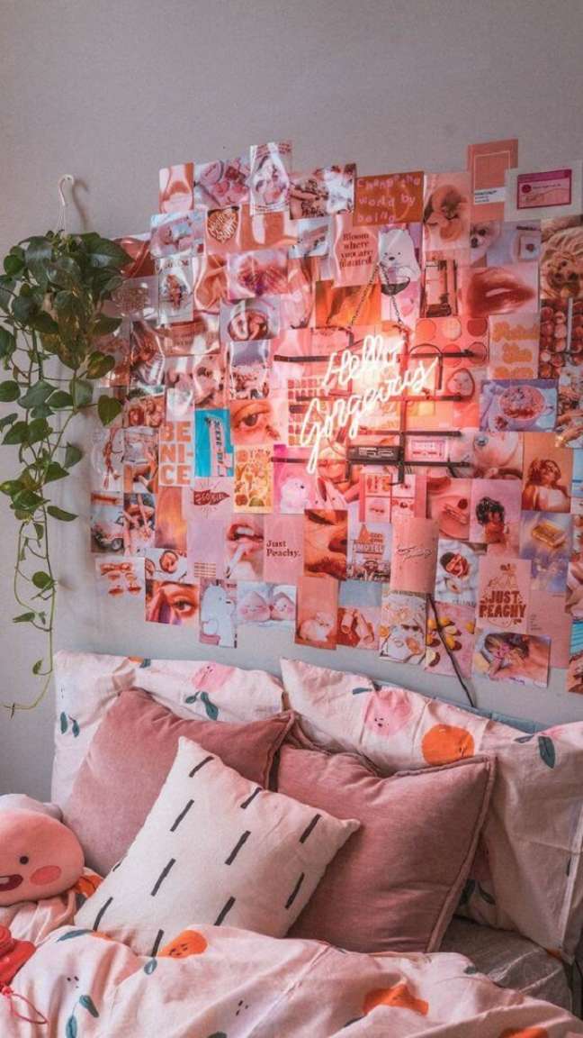 8. Decoração com luz de led para quarto indie em tons de rosa e cinza – Foto Etsy