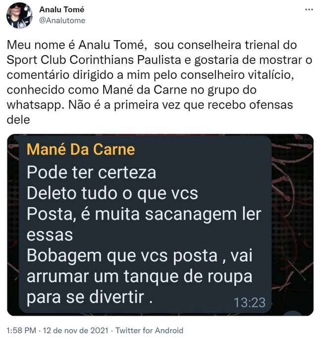 Analu Tomé postou a mensagem polêmica de Mané da Carne em sua conta no Twitter (Foto: Reprodução)