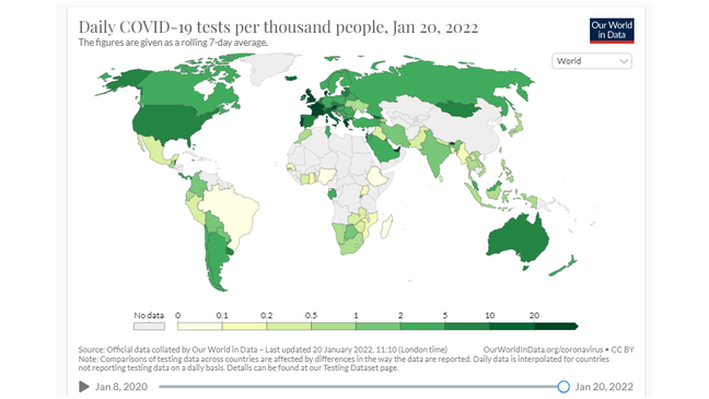 Mapa mostrando testagem por mil habitantes; países mais claros são os que realizam menos testes, e mais escuros os que realizam mais testes