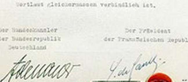 As assinaturas de Adenauer (esq.) e De Gaulle no documento