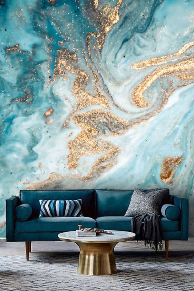 16. Papel de parede verde água e dourado para sala luxuosa – Foto Oli Print