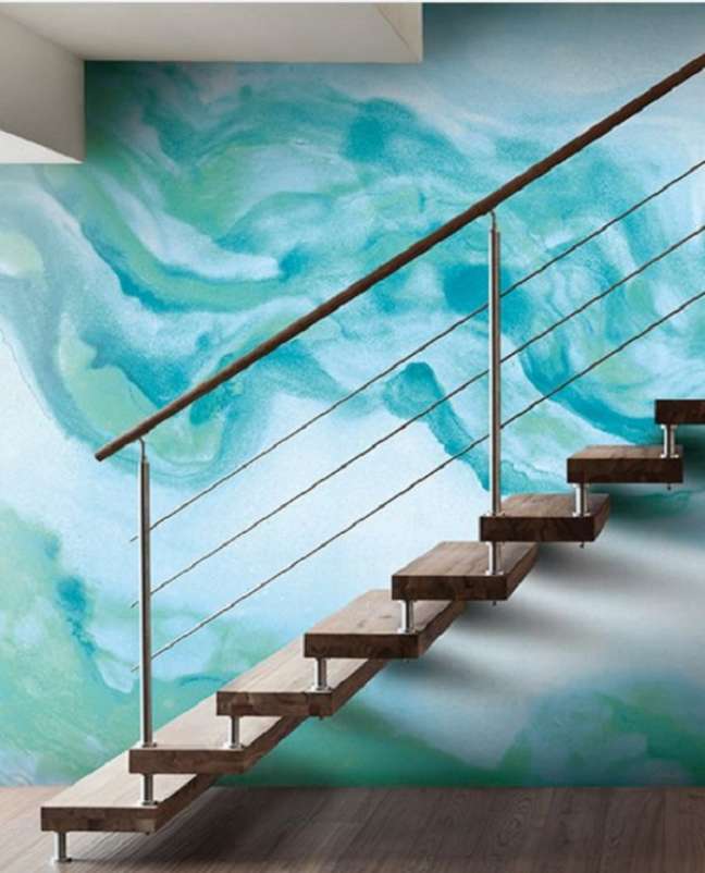 21. Papel de parede verde agua na escada de casa – Foto Urban America dry Goods