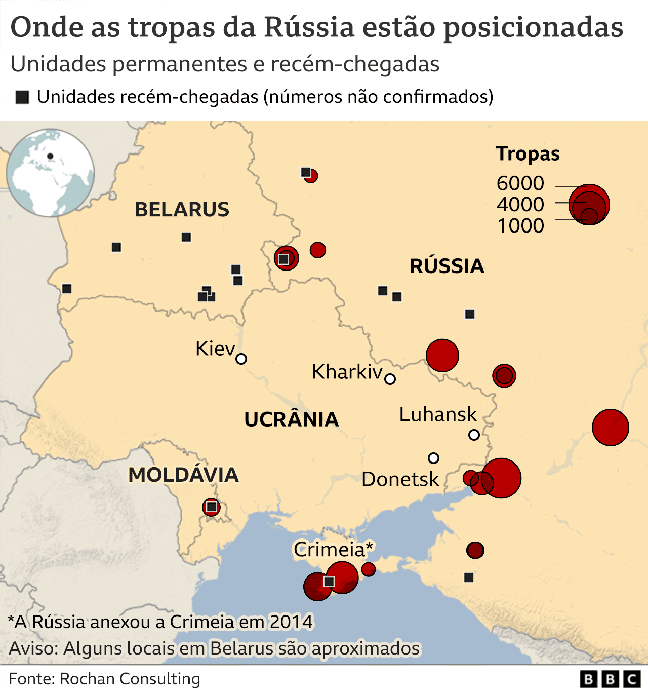 Mapa mostra onde as tropas da Rússia estão posicionadas