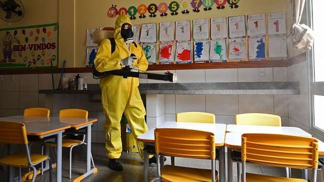 Higienização de escola em Brasília, em agosto de 2020; crianças de 5 a 9 anos apresentaram um dos mais preocupantes índices de evasão escolar na pandemia