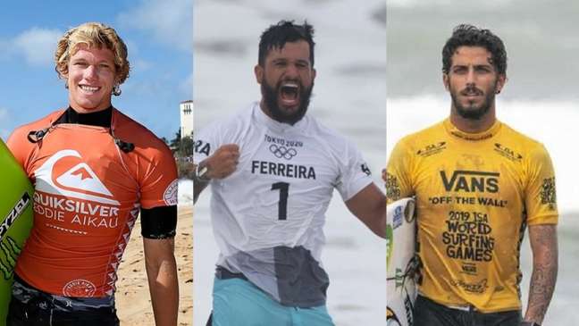 John John Florence, Ítalo Ferreira e Filipe Toledo despontam como principais favoritos ao título do Circuito Mundial - Fotos: AFP; AFP; Divulgação / WSL