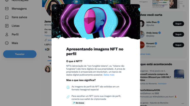 Aviso do Twitter sobre NFTs como fotos de perfil 